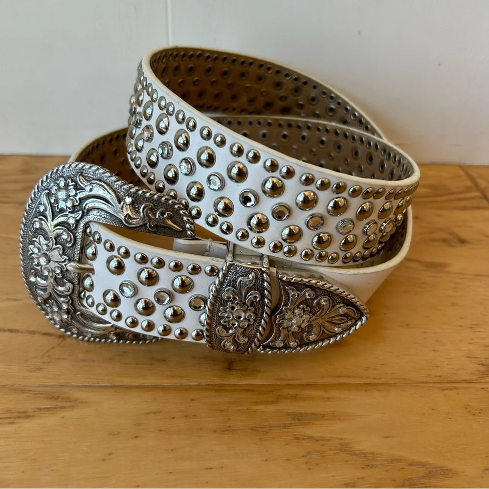 Vintage Rhinestone Western Cowgirl Belt White 1996 Silver Buckle Silver Studs